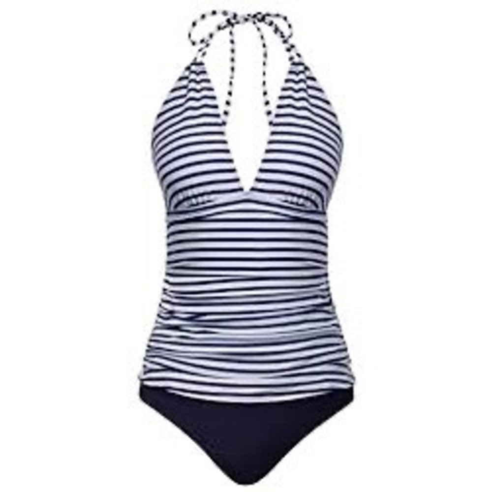 Yonique Womens VNeck Tankini Set Navy Blue White Stripe Halter Ruched Top XS NEW